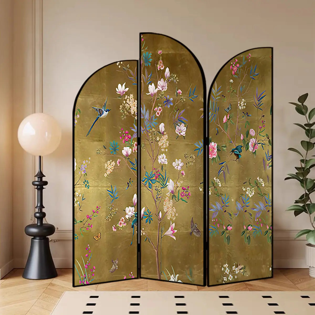 Golden Floral Canvas Privacy Double Sided Print Room Divider Image - 30