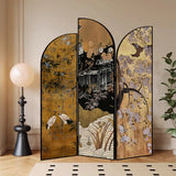 Golden Floral Canvas Privacy Double Sided Print Room Divider Image - 32