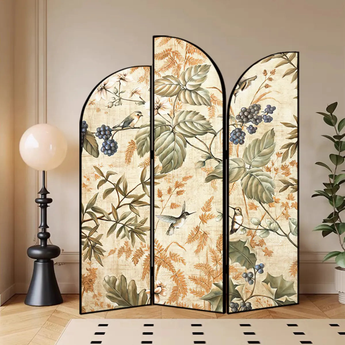 Golden Floral Canvas Privacy Double Sided Print Room Divider Image - 33