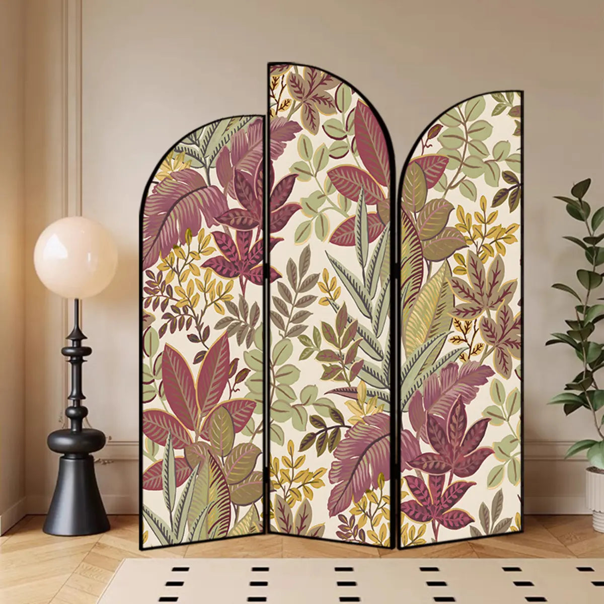 Golden Floral Canvas Privacy Double Sided Print Room Divider Image - 35