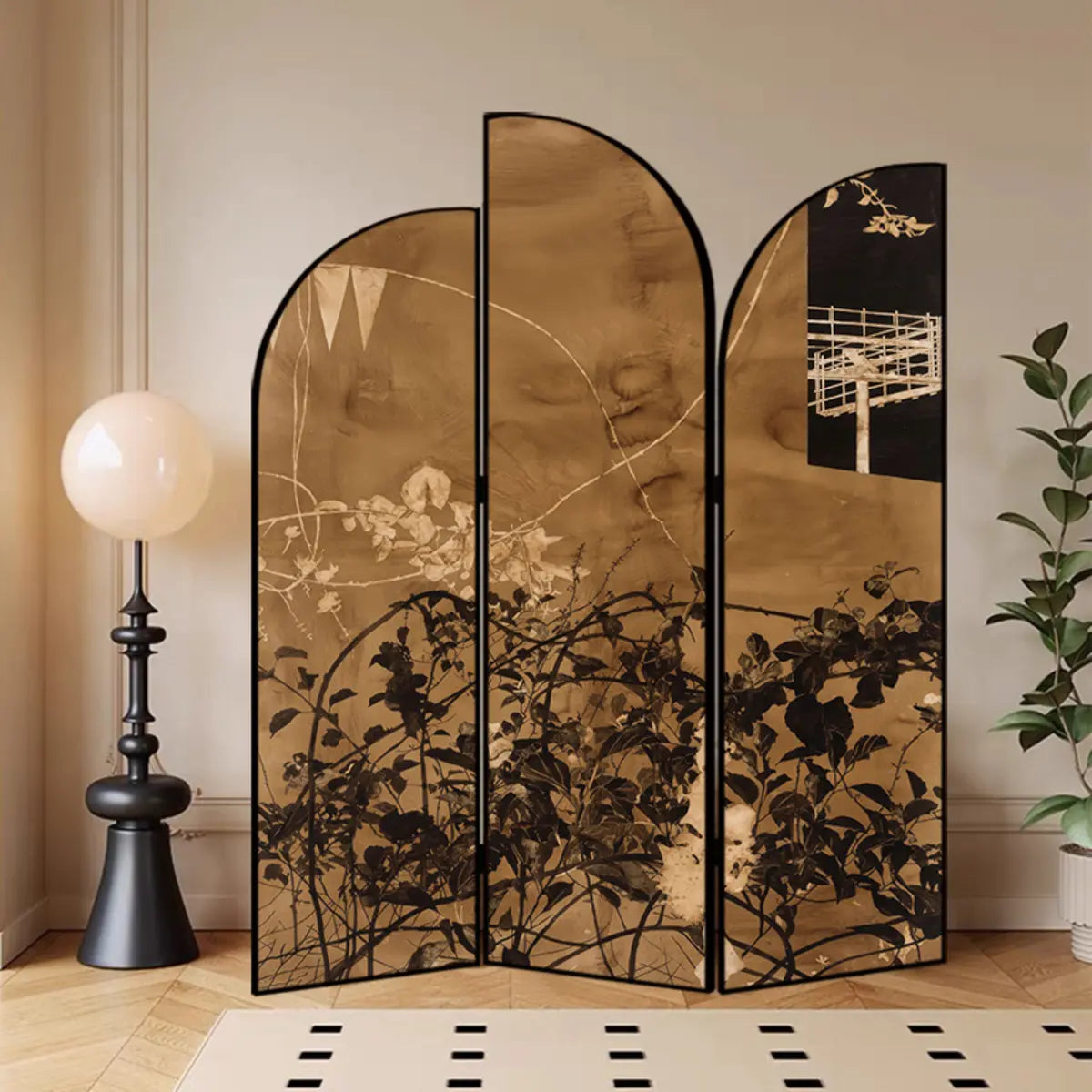 Golden Floral Canvas Privacy Double Sided Print Room Divider Image - 39