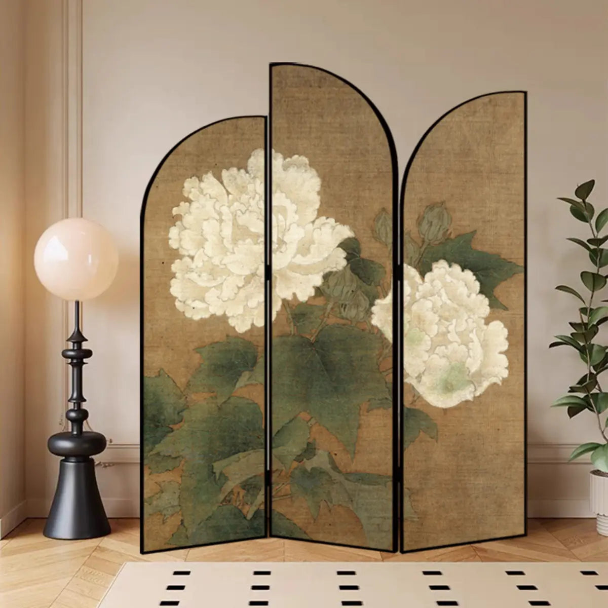 Golden Floral Canvas Privacy Double Sided Print Room Divider Image - 5