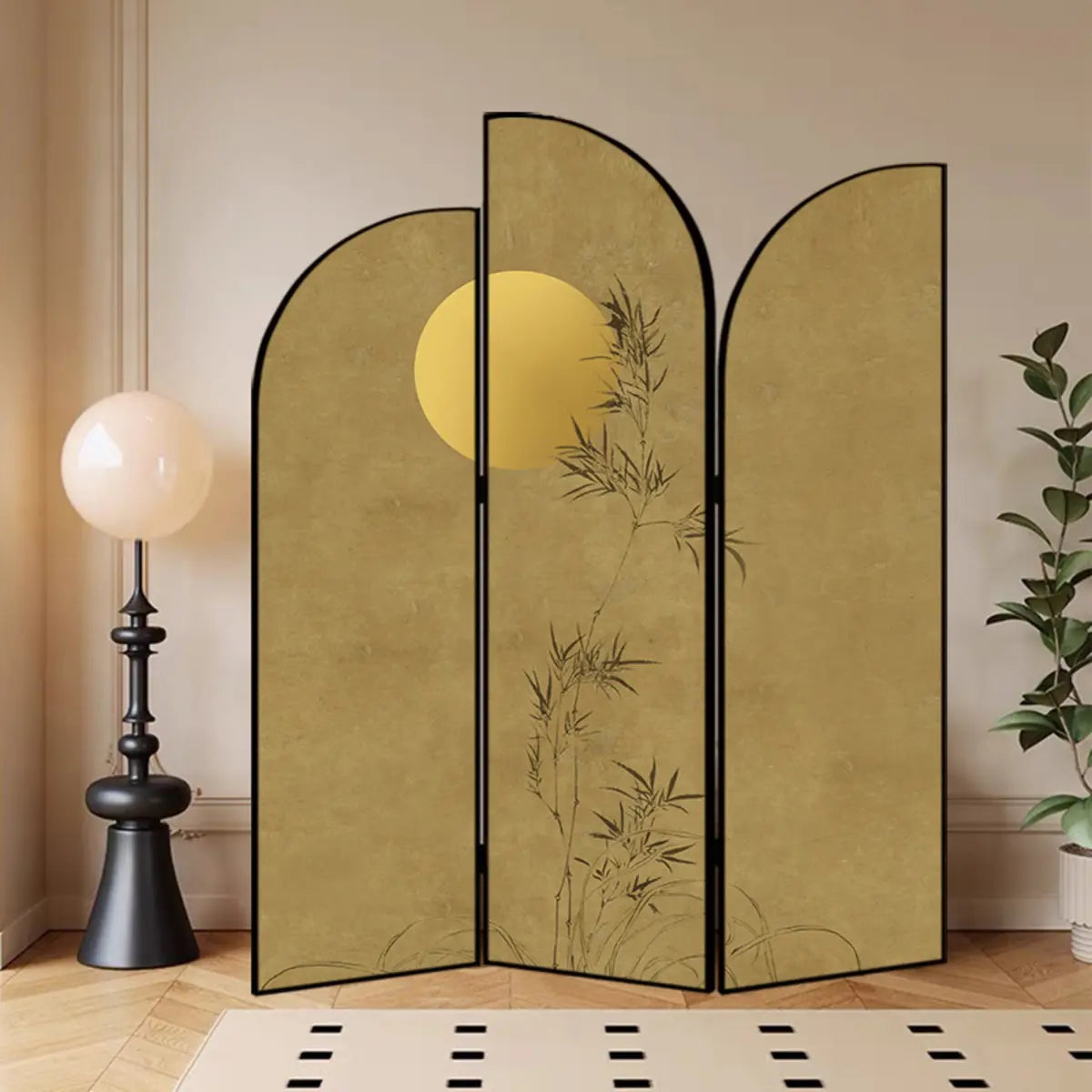 Golden Floral Canvas Privacy Double Sided Print Room Divider Image - 8