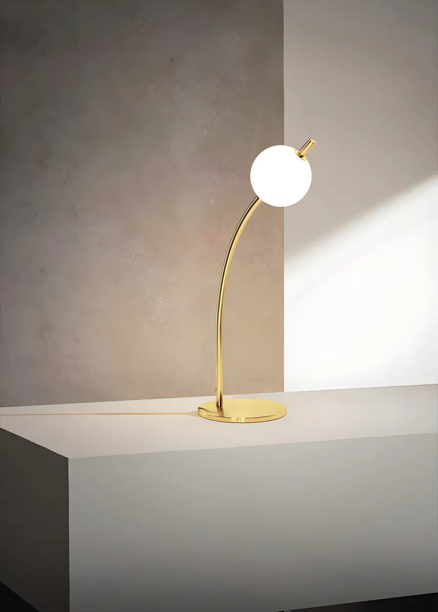 Golden Minimalist Globe Glass Curved Metal Table Lamp Image - 9