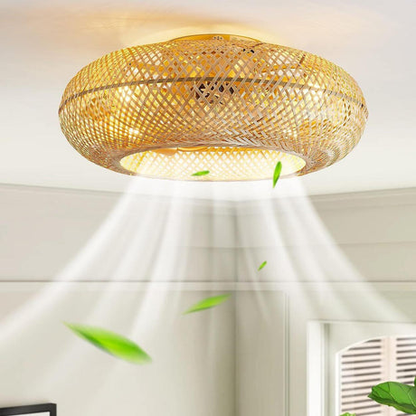 Golden Round Bamboo Flush Remote Ceiling Fan with Light Image - 1