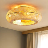 Golden Round Bamboo Flush Remote Ceiling Fan with Light Image - 2