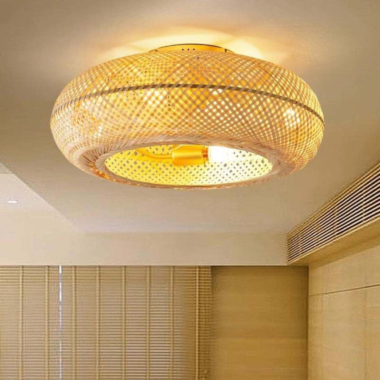 Golden Round Bamboo Flush Remote Ceiling Fan with Light Image - 3