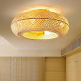 Golden Round Bamboo Flush Remote Ceiling Fan with Light Image - 3