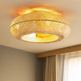 Golden Round Bamboo Flush Remote Ceiling Fan with Light Image - 4