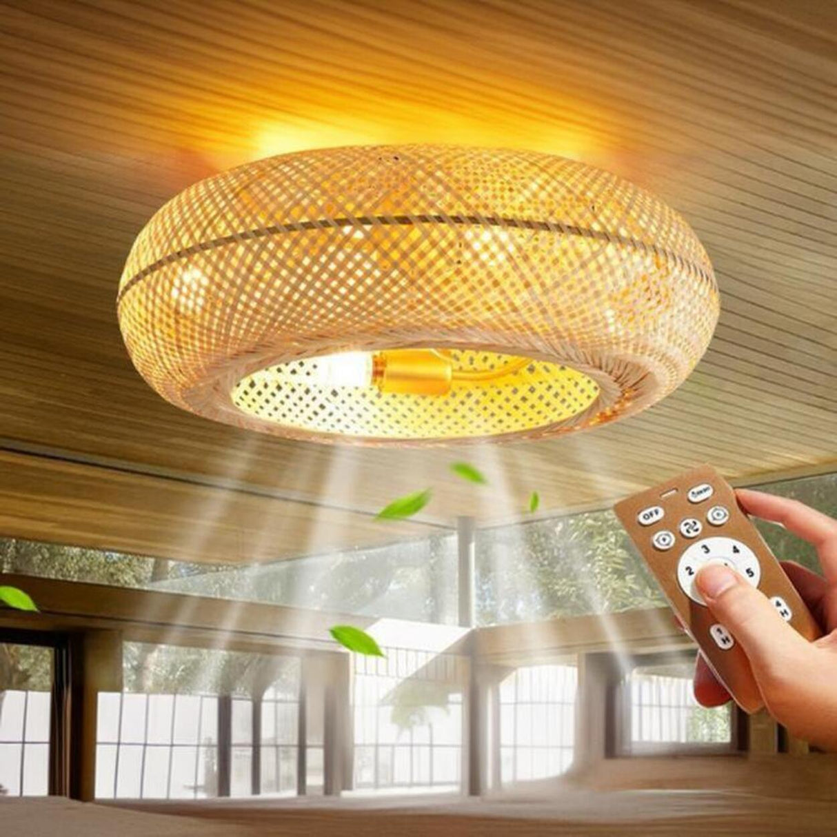 Golden Round Bamboo Flush Remote Ceiling Fan with Light Image - 5