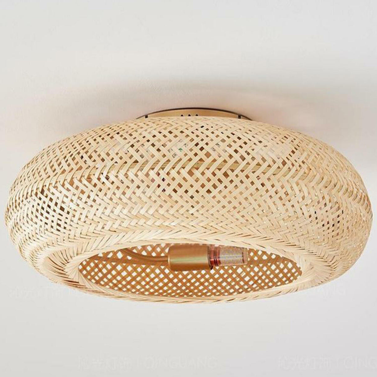 Golden Round Bamboo Flush Remote Ceiling Fan with Light Image - 9