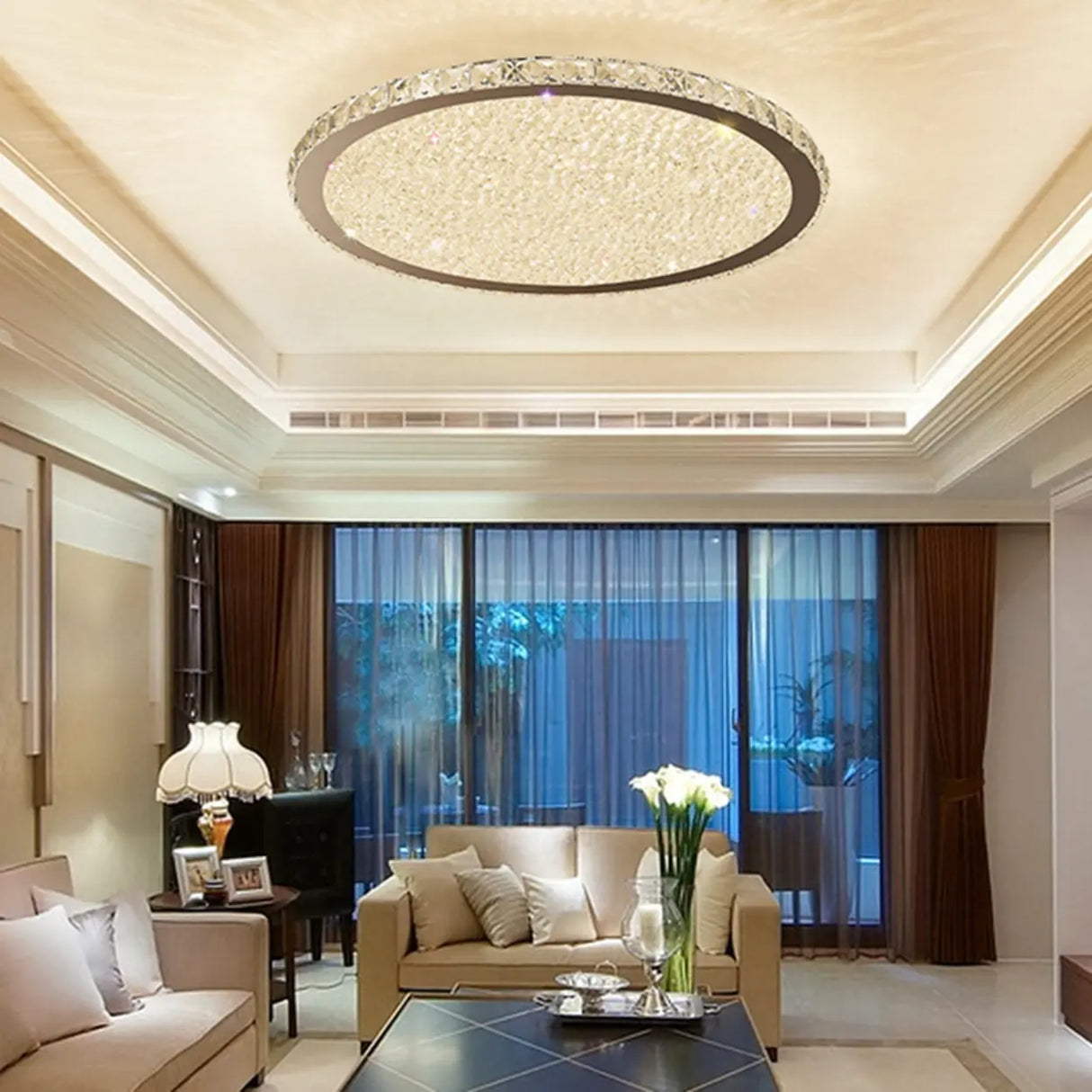 Golden Round Crystal Dimmable Flush Mount Ceiling Light Image - 2