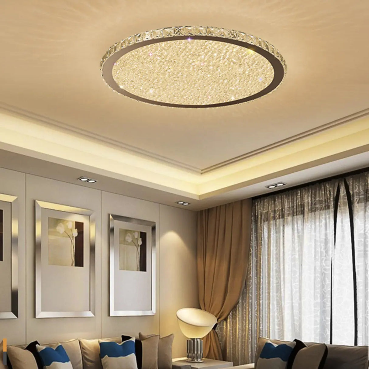 Golden Round Crystal Dimmable Flush Mount Ceiling Light Image - 3