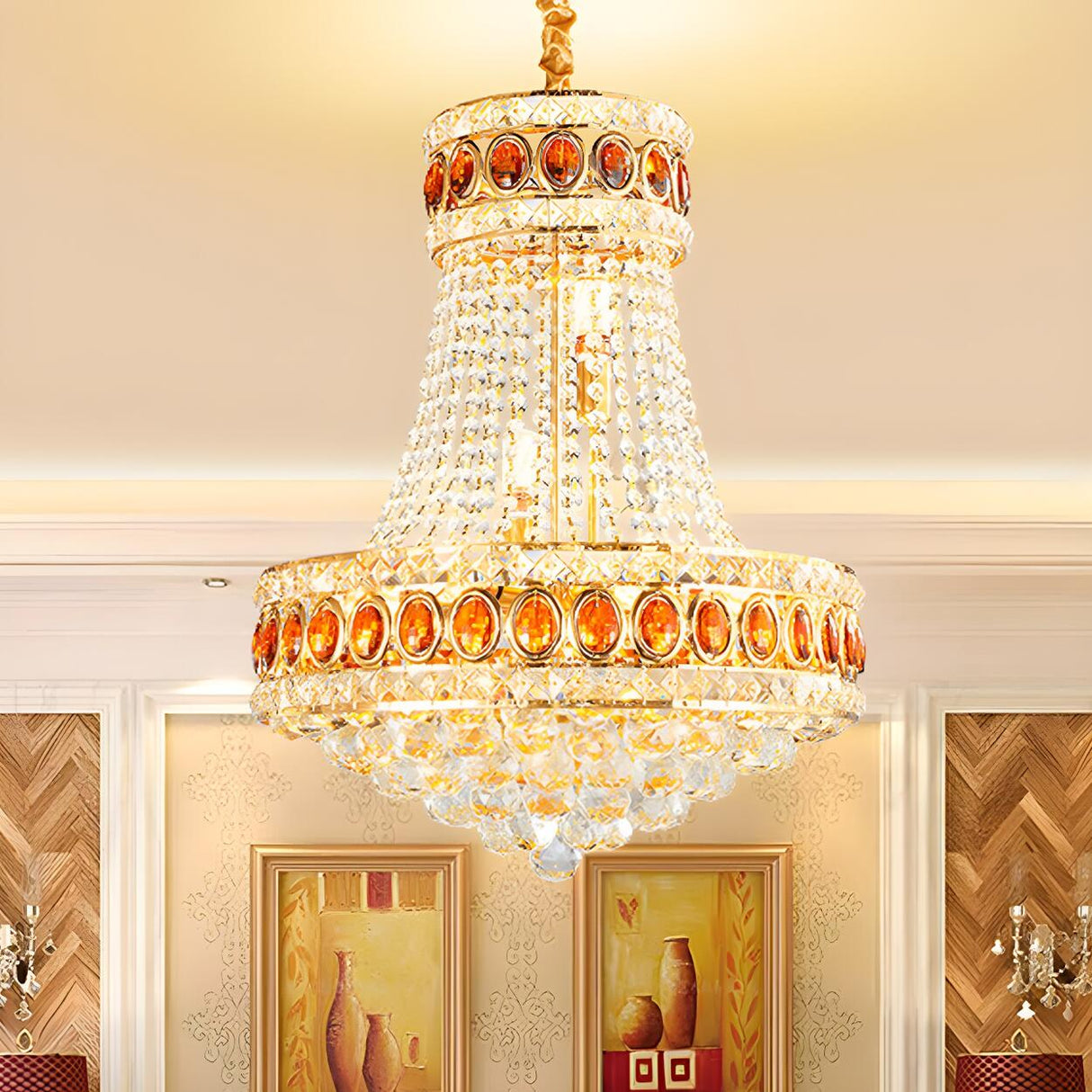 Grand 2 Tiers Luxury Gold Crystal Beaded Amber Chandelier Image - 1