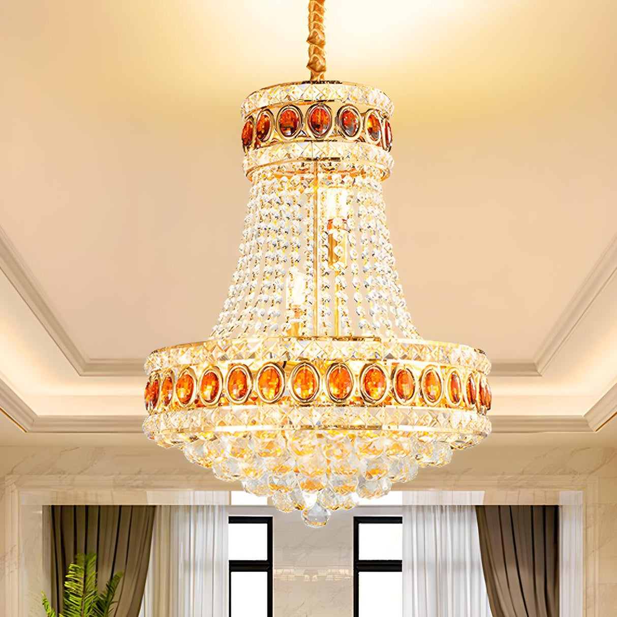 Grand 2 Tiers Luxury Gold Crystal Beaded Amber Chandelier Image - 2