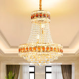 Grand 2 Tiers Luxury Gold Crystal Beaded Amber Chandelier Image - 2