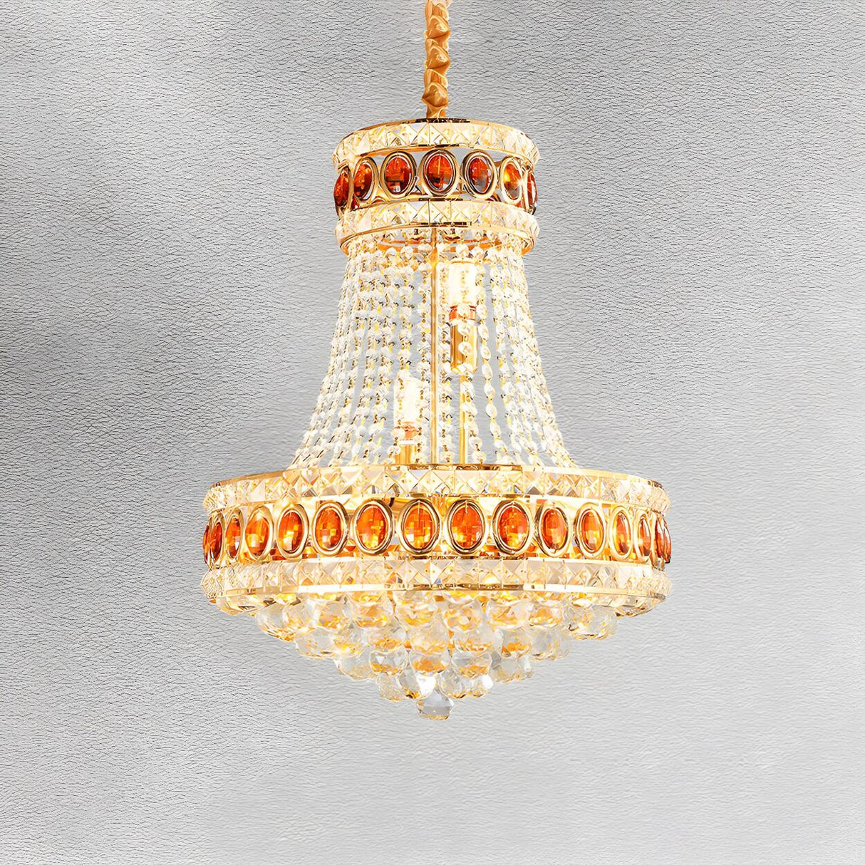 Grand 2 Tiers Luxury Gold Crystal Beaded Amber Chandelier Image - 3