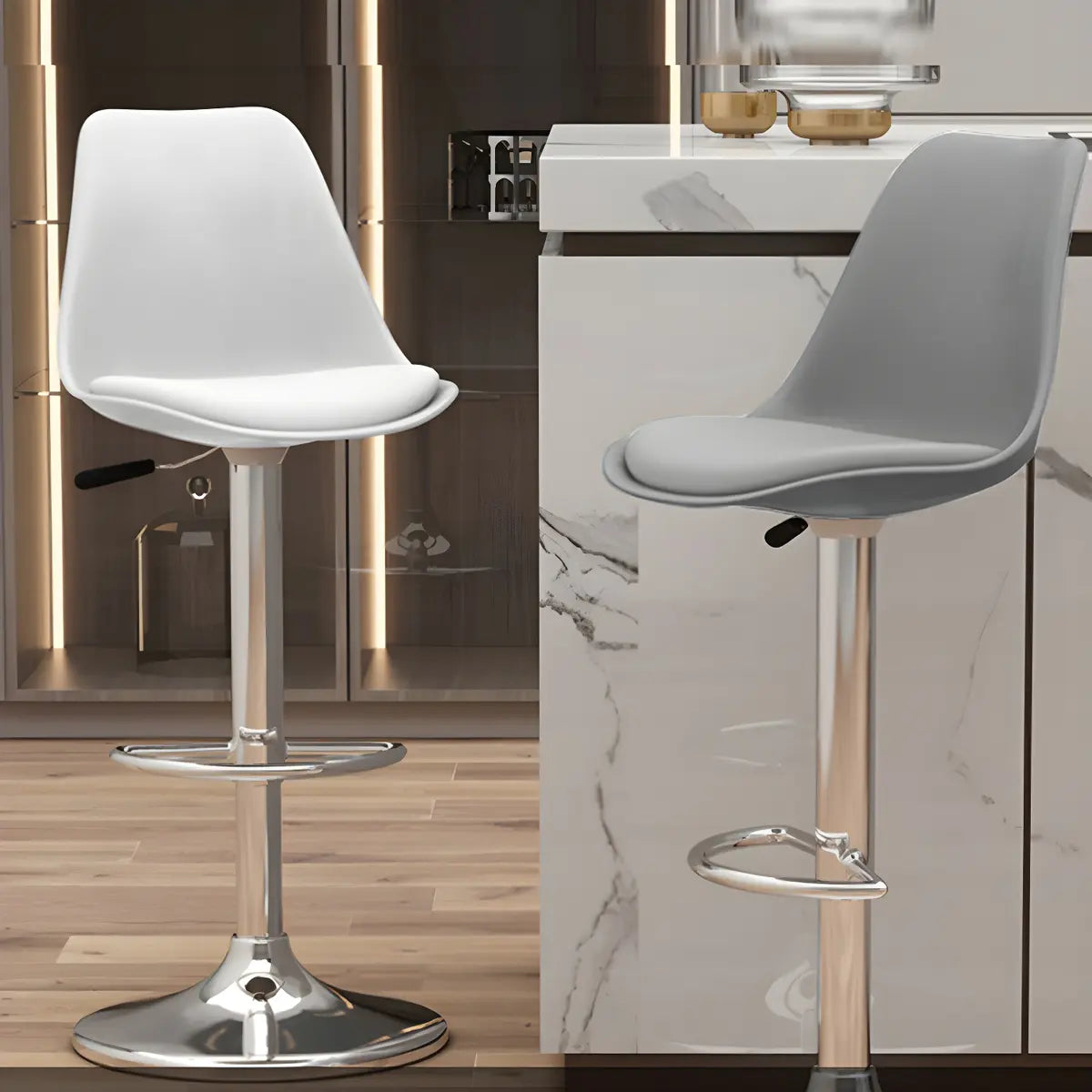 Gray Adjustable Swivel Leather Bar Stool with Footrest Image - 3