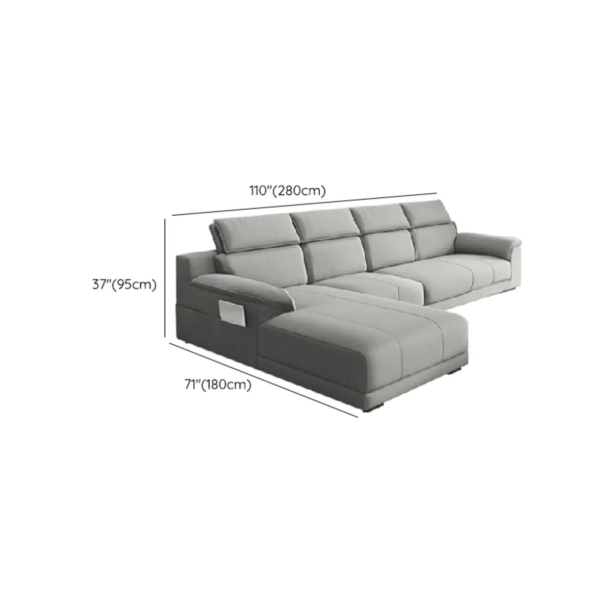 Gray Cotton Linen Large Left Sofa Chaise with Storage 