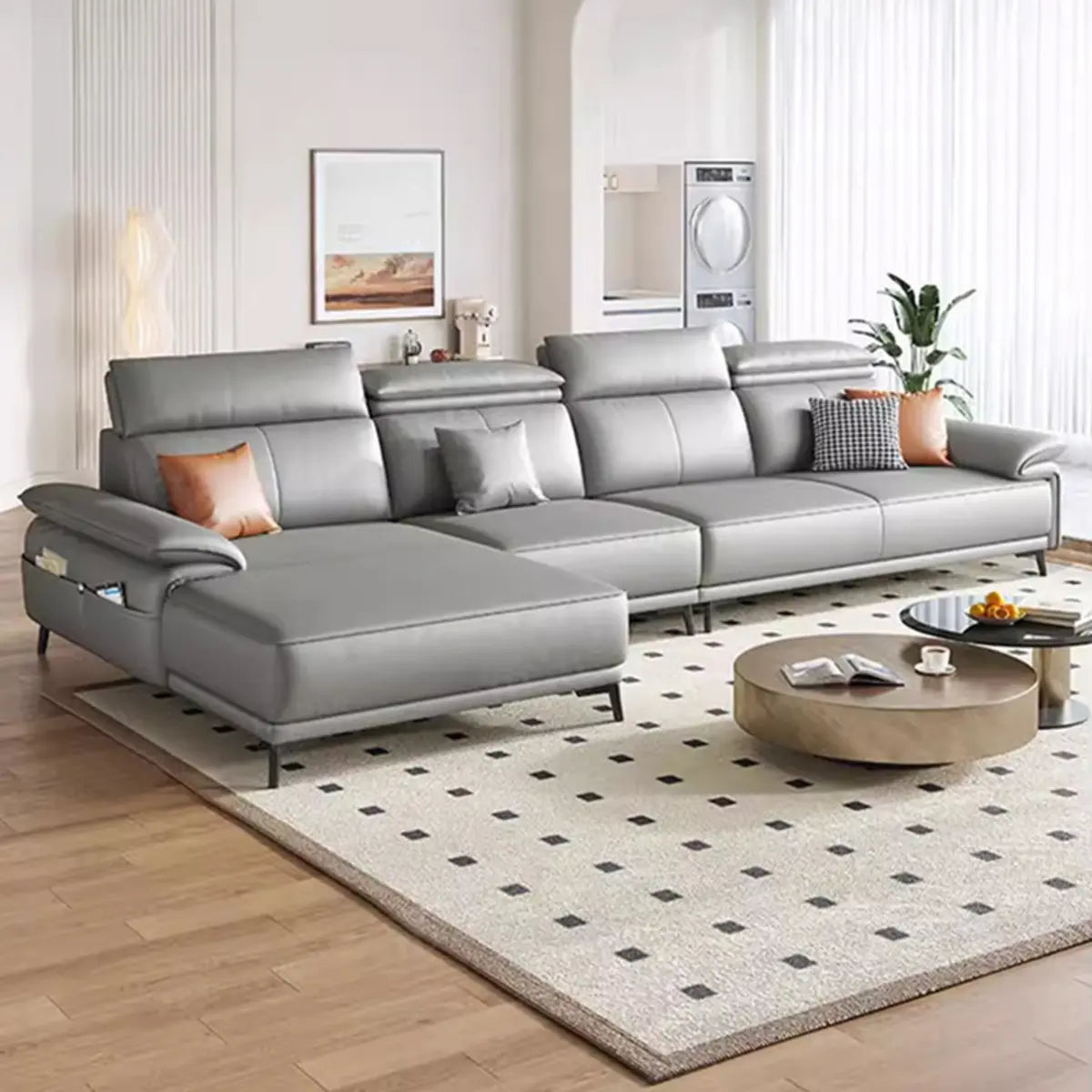 Gray Genuine Leather Cushion Back Storage Sofa Chaise Image - 1