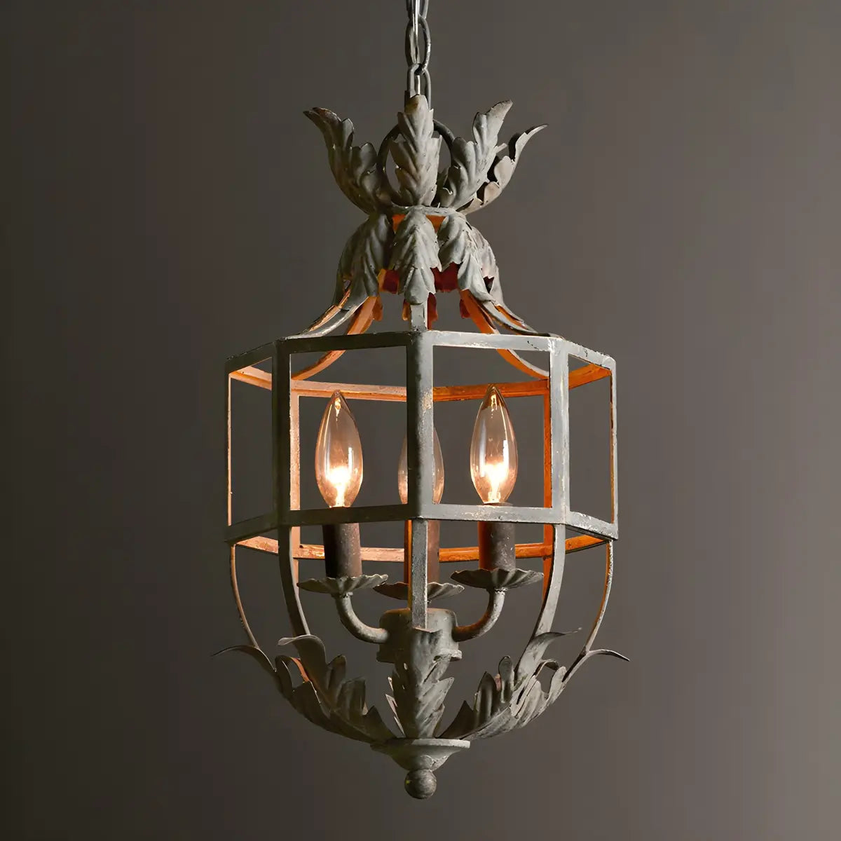 Gray Iron Small Cage Chain Candle Foyer Chandelier Image - 2