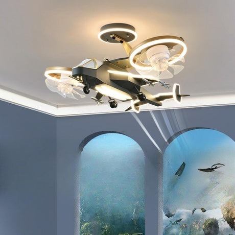 Gray Kids Room Creative Helicopter Ceiling Fan Light Image - 1