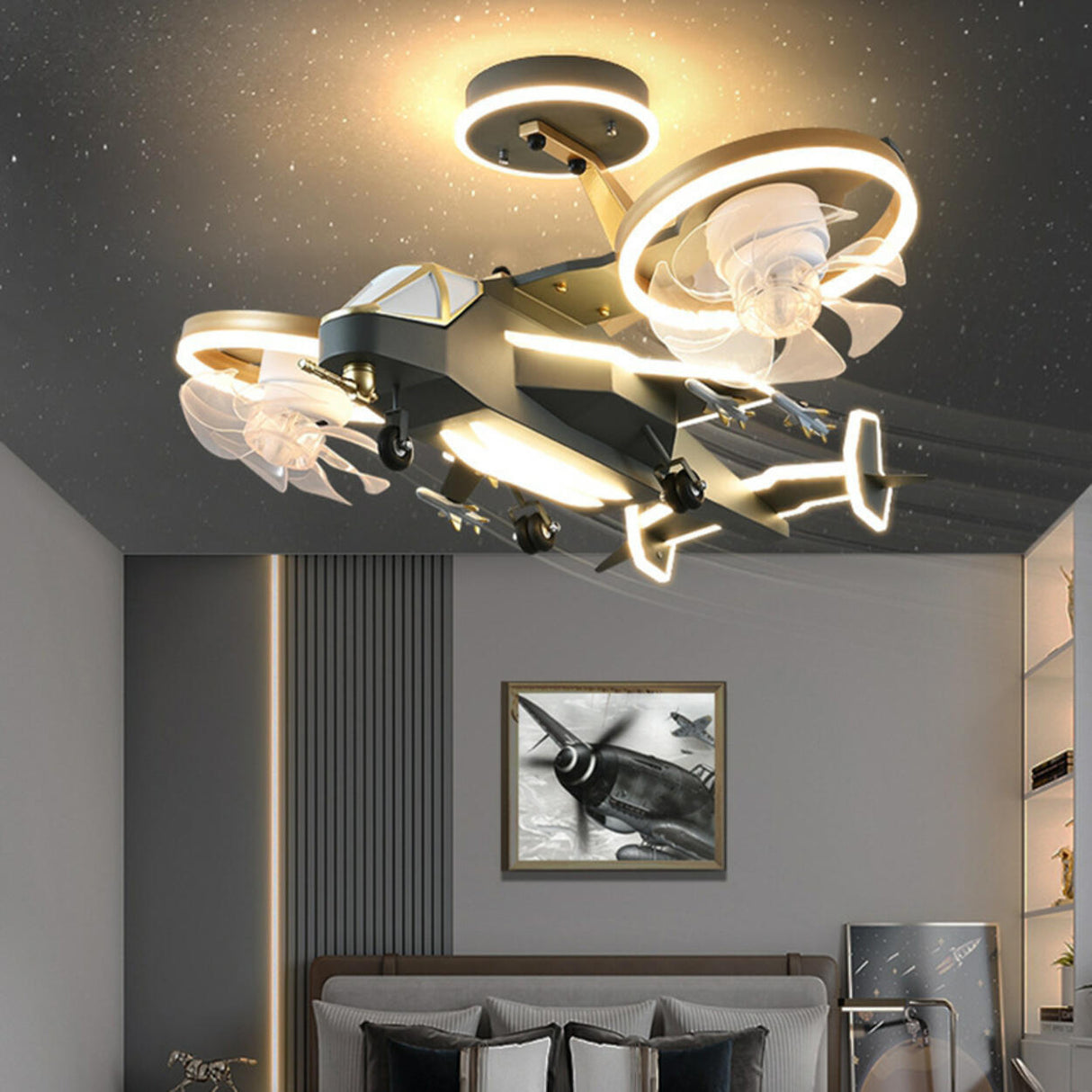 Gray Kids Room Creative Helicopter Ceiling Fan Light Image - 2