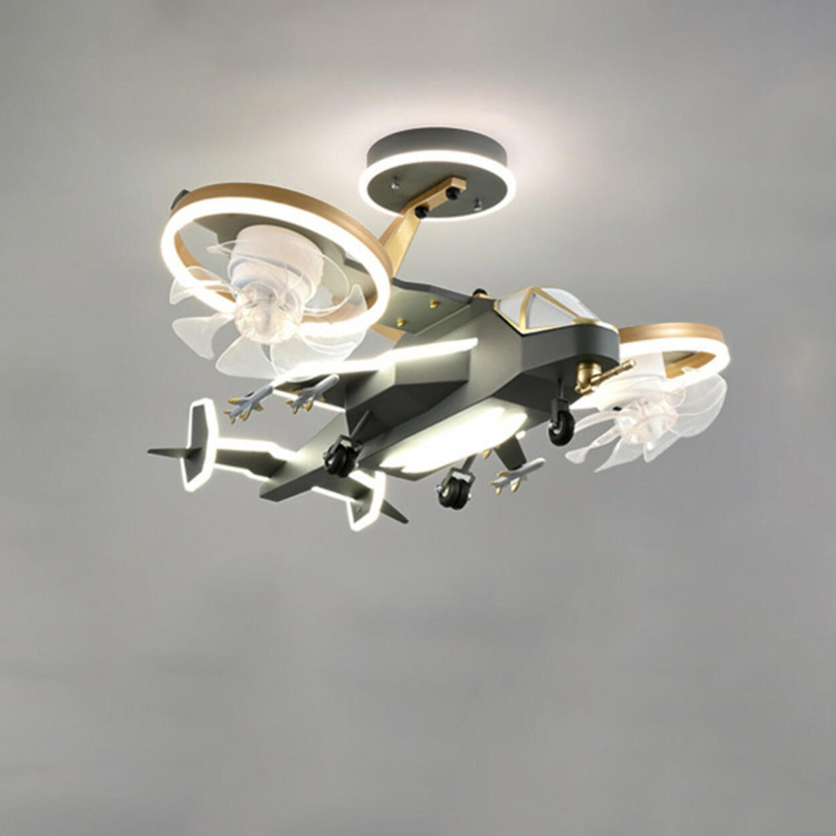 Gray Kids Room Creative Helicopter Ceiling Fan Light Image - 4