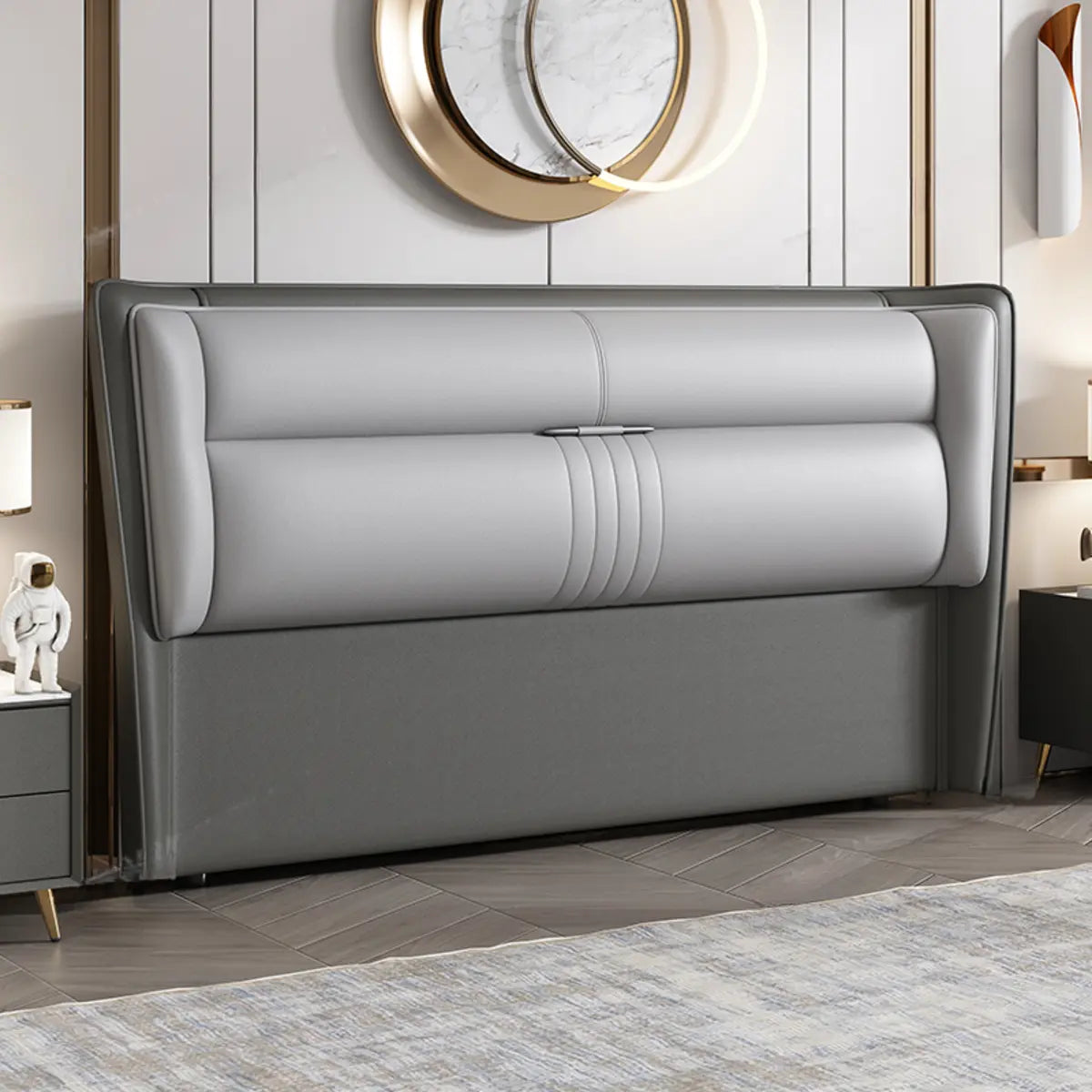 Gray Leather Upholstered Rectangle Full Size Headboard Image - 2