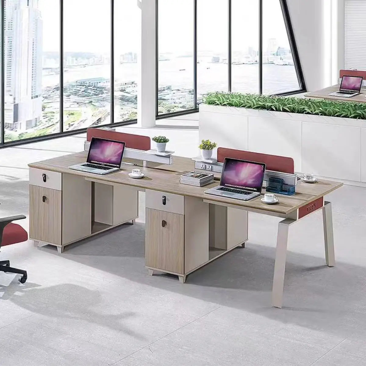 Gray Red Rectangle Exterior Shelf Storage Computer Desk Image - 2