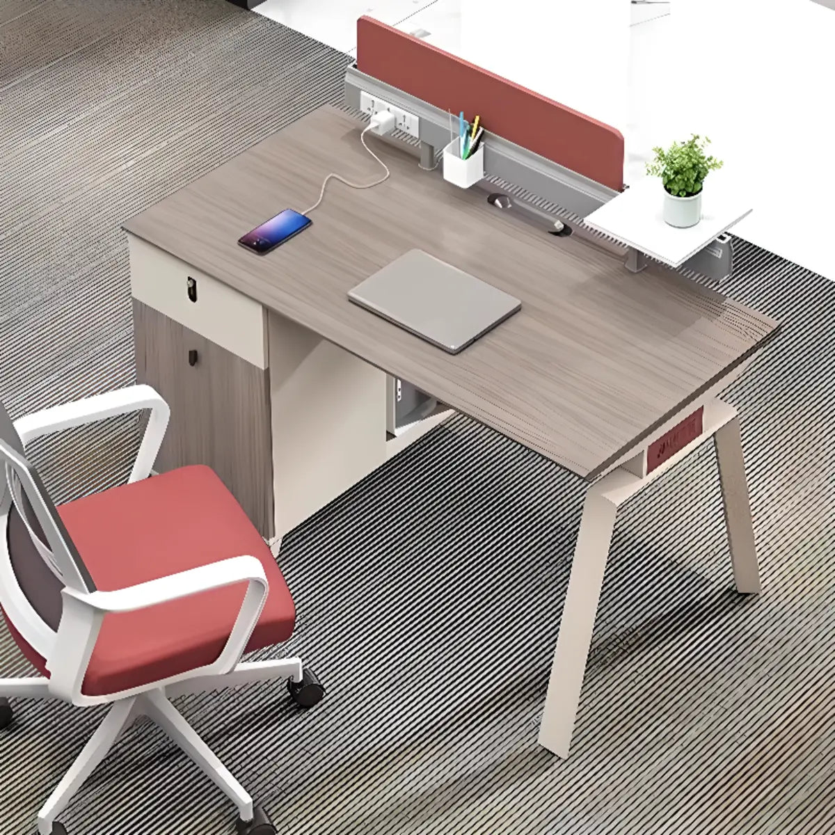 Gray Red Rectangle Exterior Shelf Storage Computer Desk Image - 3