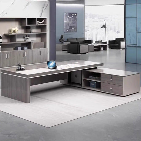 Gray Side Storage L-Shape Long Deep Executive Desk Image - 1