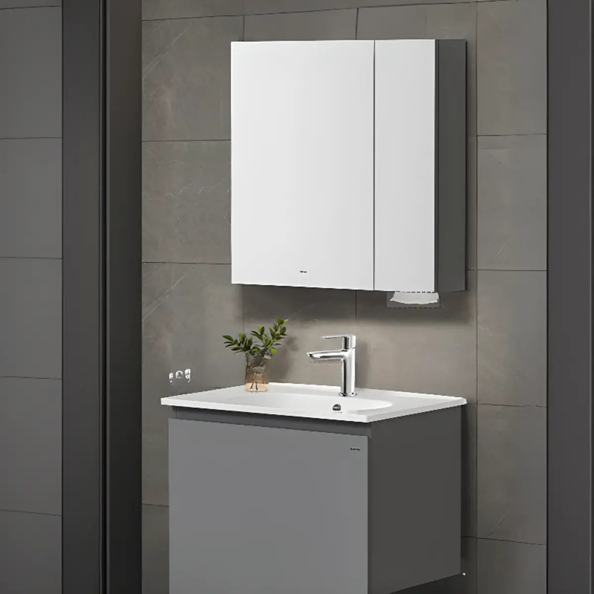 Gray Single Sink MDF Storage Bathroom Vanity with Shelves Image - 11