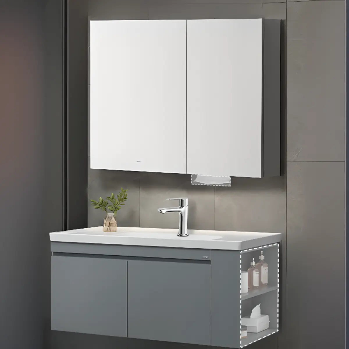 Gray Single Sink MDF Storage Bathroom Vanity with Shelves Image - 6