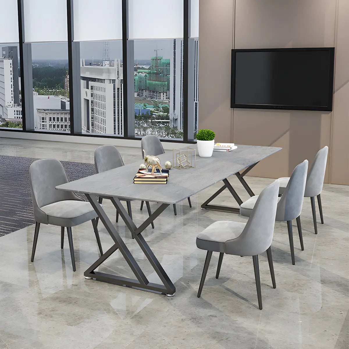 Gray Stone Sled Rectangle Conference Table 6 People Image - 1