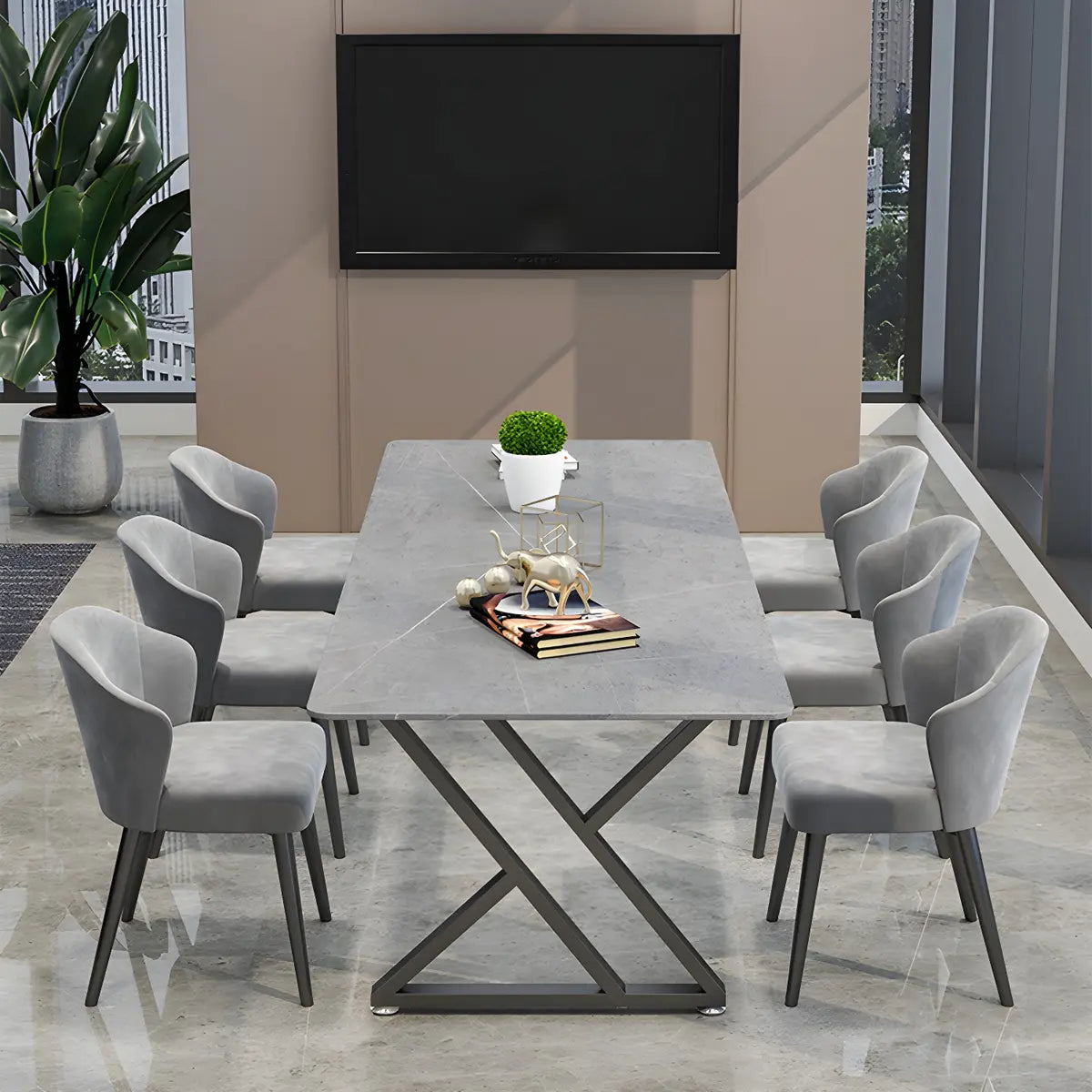 Gray Stone Sled Rectangle Conference Table 6 People Image - 3