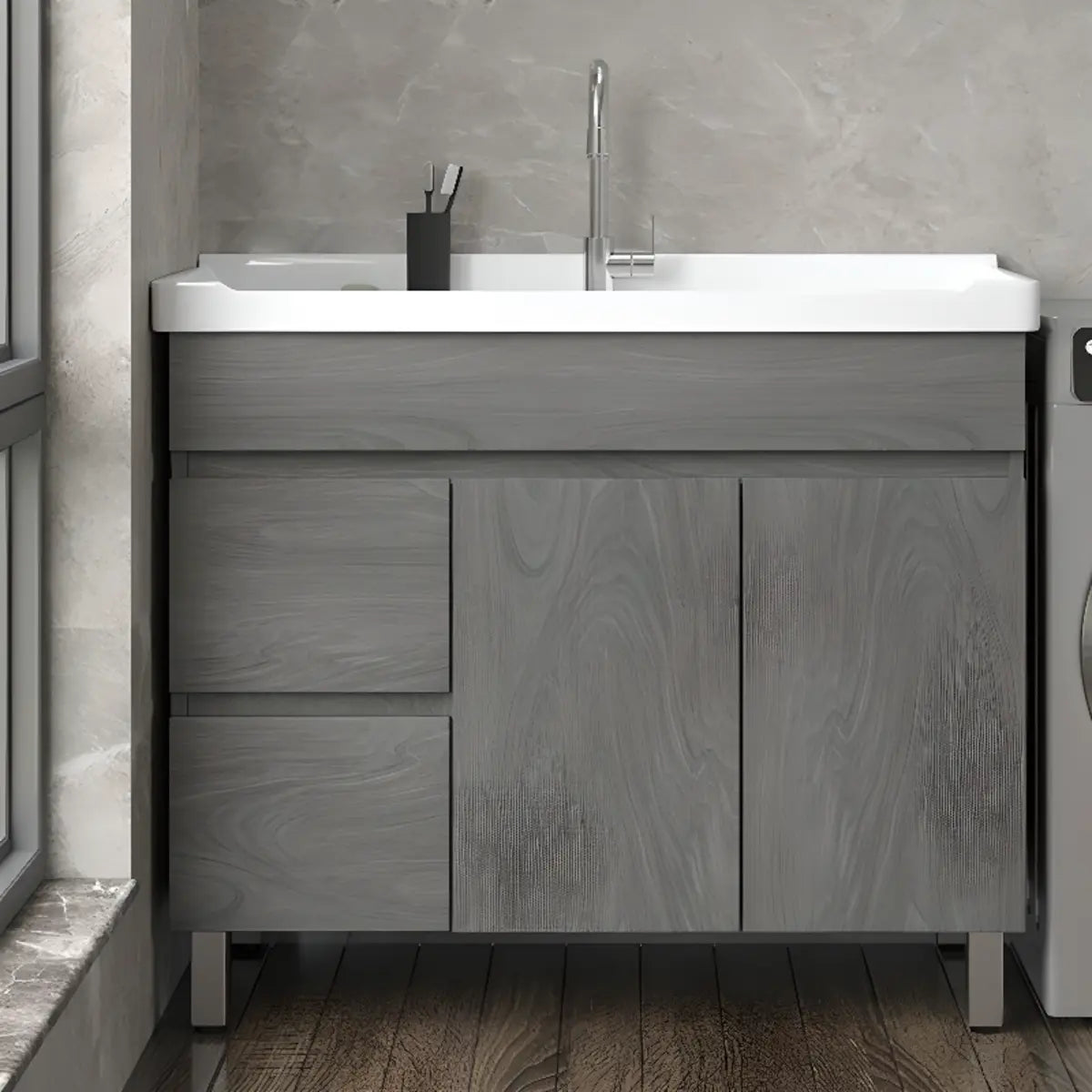 Gray Storage Drawers Wood Free-standing Bathroom Vanity Image - 1