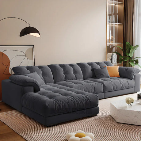 Gray Tech Cloth Recessed Arm Tufted Back Sofa Chaise Image - 1