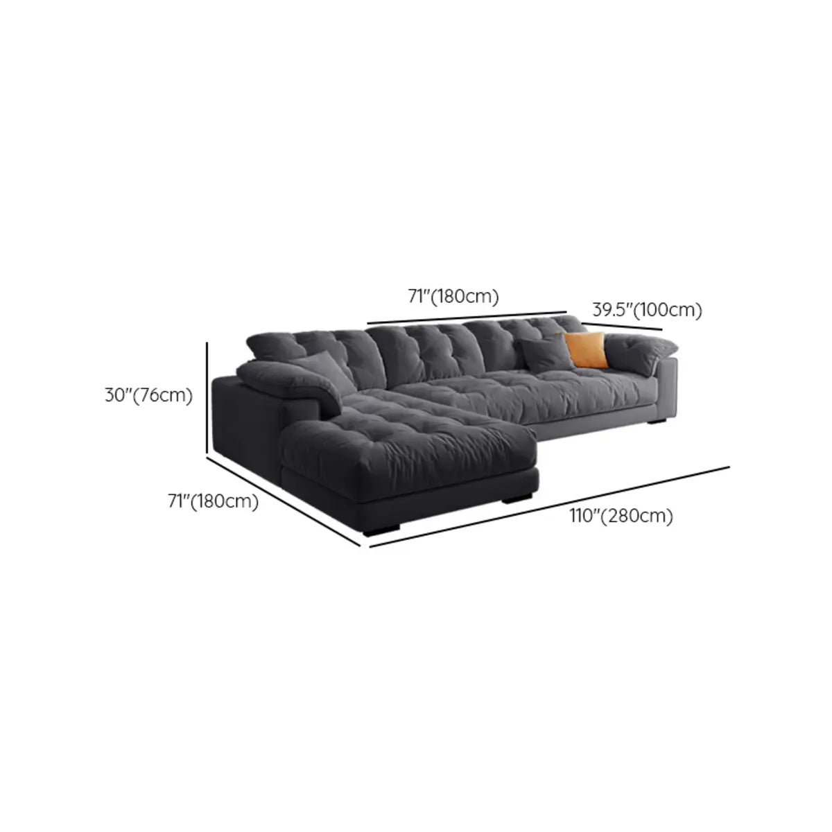 Gray Tech Cloth Recessed Arm Tufted Back Sofa Chaise 