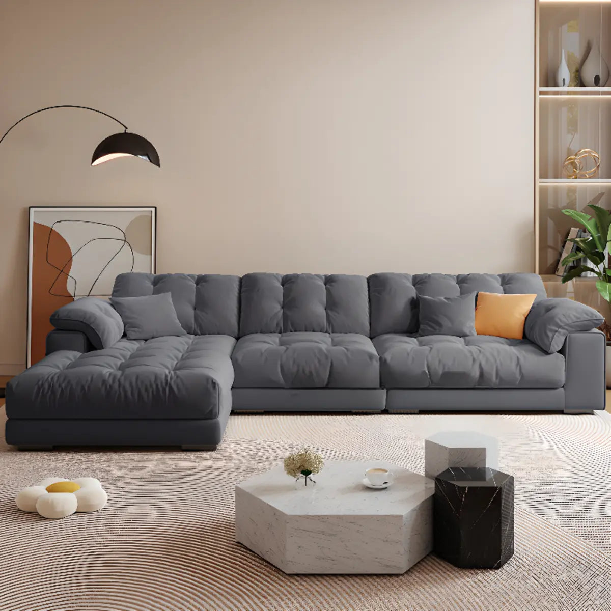 Gray Tech Cloth Recessed Arm Tufted Back Sofa Chaise Image - 4