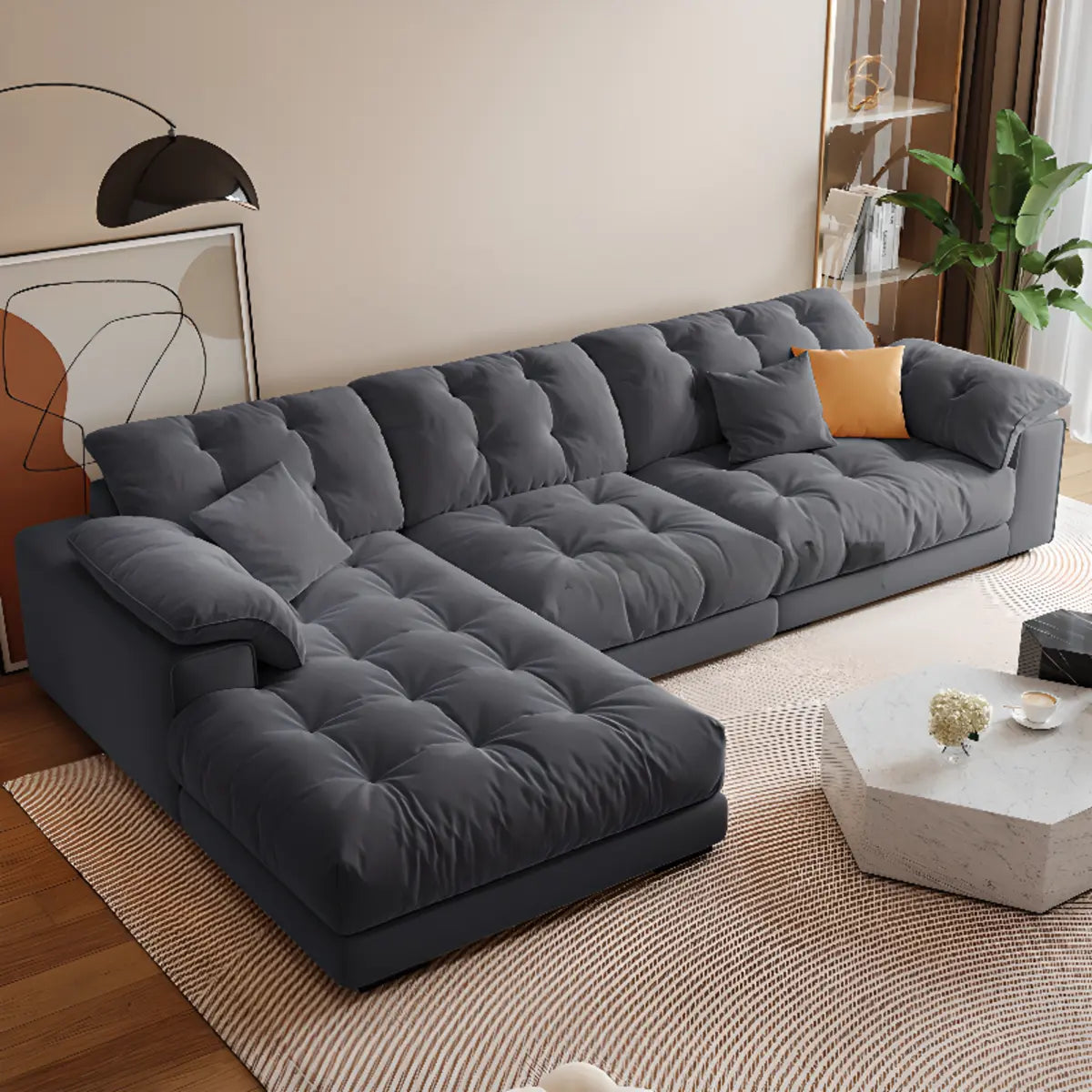 Gray Tech Cloth Recessed Arm Tufted Back Sofa Chaise Image - 6