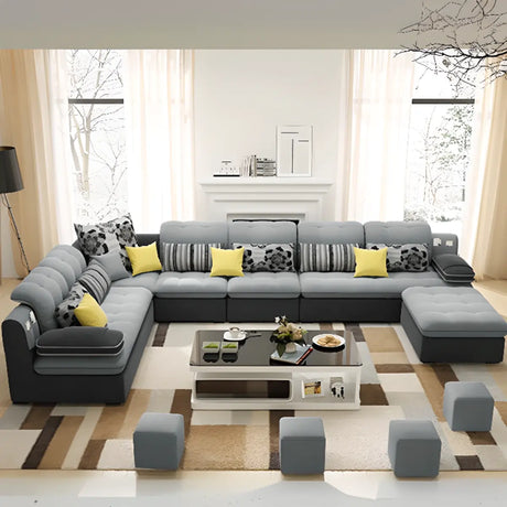 Gray U-Shape Flannel Large Modular Corner Sectional Image - 2