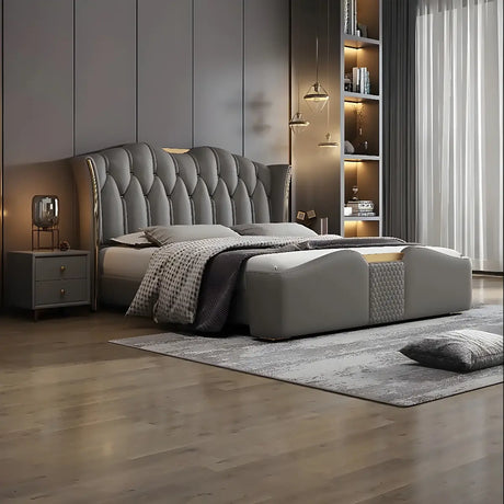 Gray Upholstered Wingback Bed with Tufted Headboard Image - 1