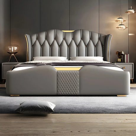 Gray Upholstered Wingback Bed with Tufted Headboard Image - 2