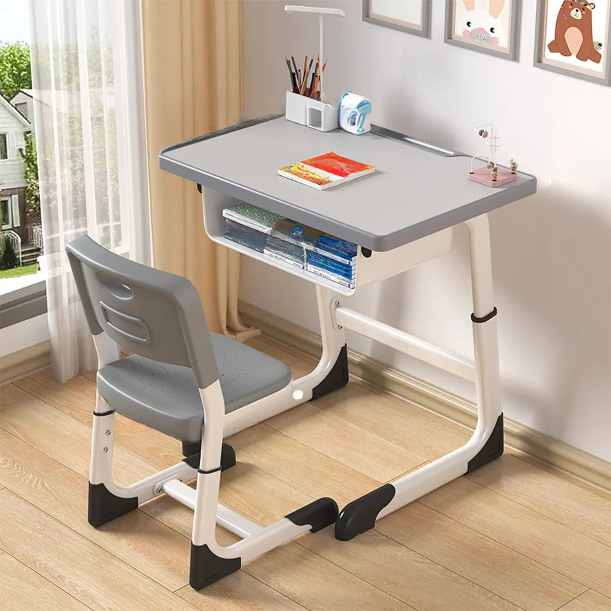 Gray-White Kids Study Desk Chair Set with Storage Image - 2