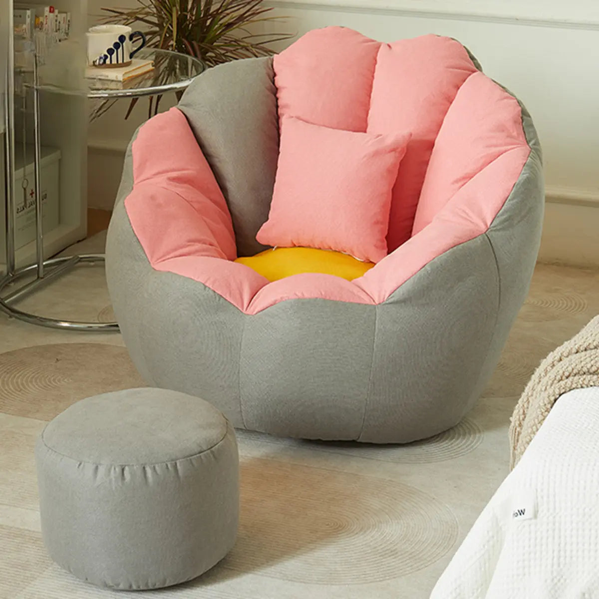 Gray-White Medium Round Cotton Blend Lounge Bean Bag Image - 6