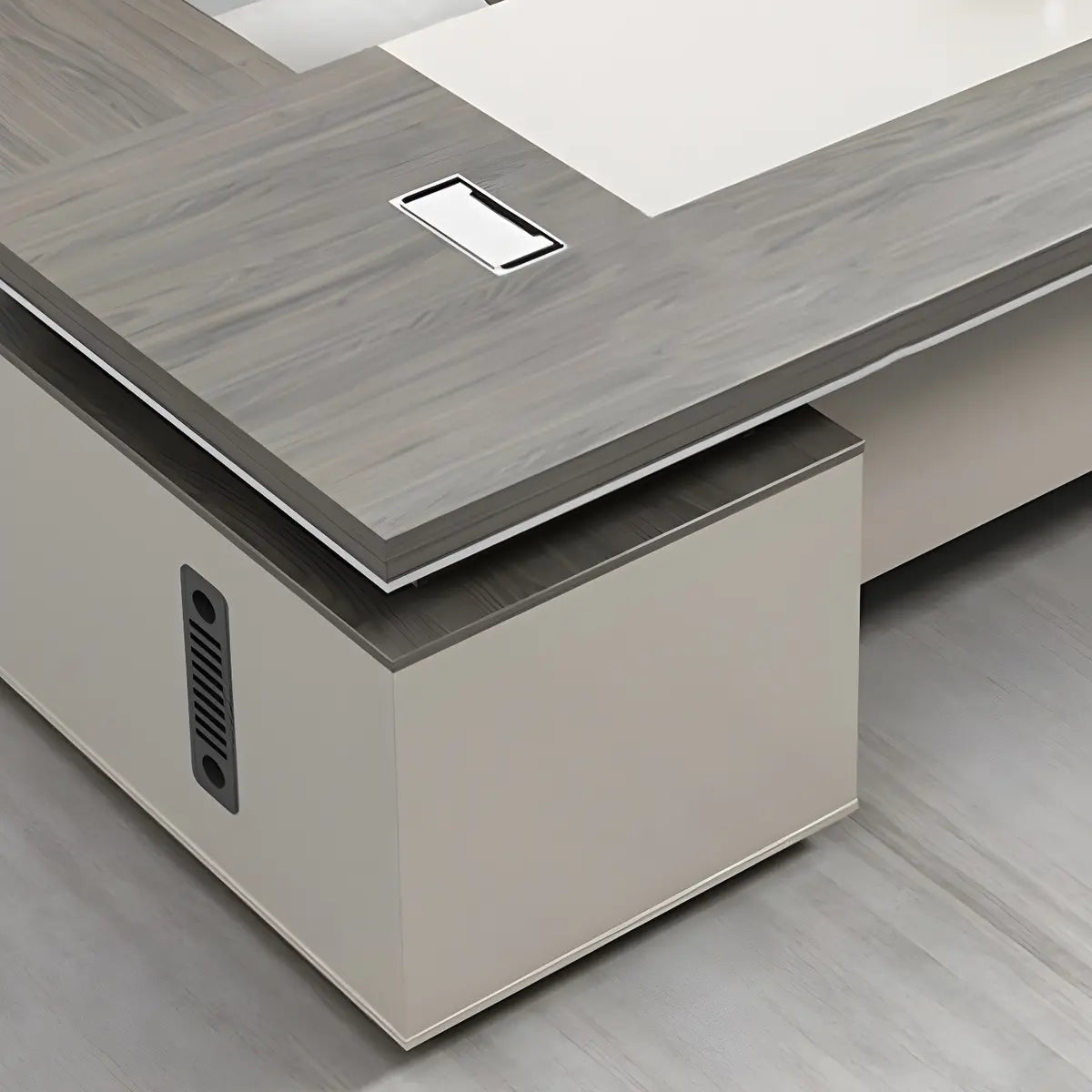 Gray Wood L-Shape Cable Storage Drawers Executive Desk Image - 8