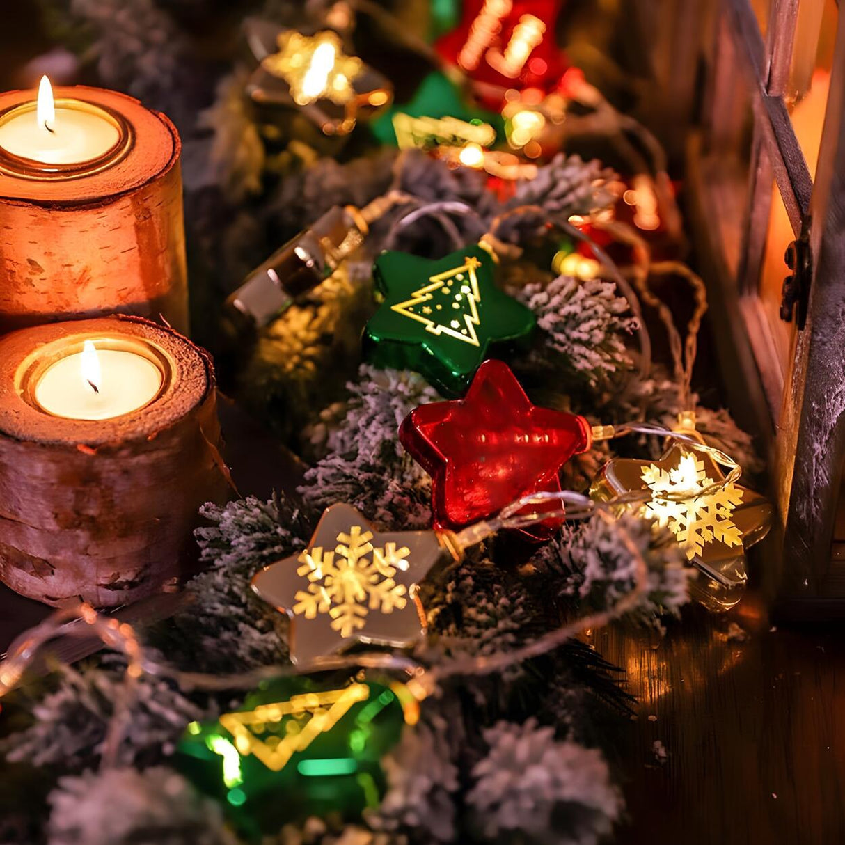 Green and Red Pentagram Christmas String Light Set Image - 2