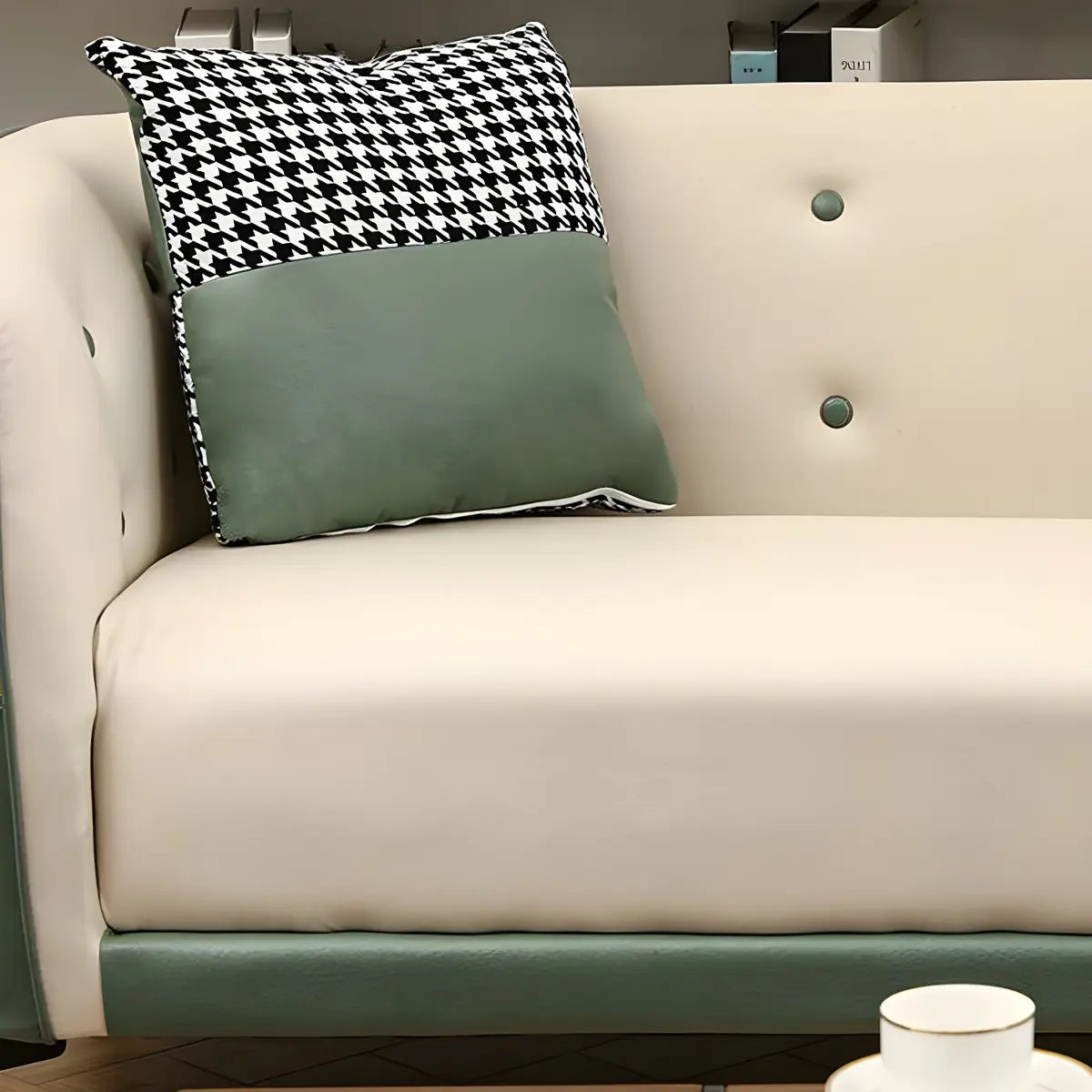 Green-Beige Stain Resistant Tuxedo Arm Tufted Back Sofa Image - 13