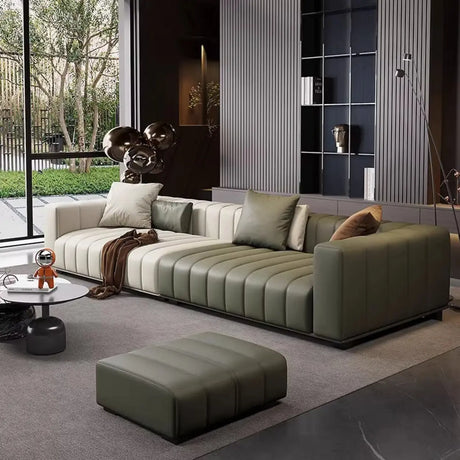 Green-Beige Waterproof Microfiber Leather Sofa with Arm Image - 1